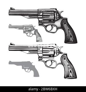 Revolver. Hand drawn vintage revolver vector illustration. Engraving style old pistols set. Stock Vector