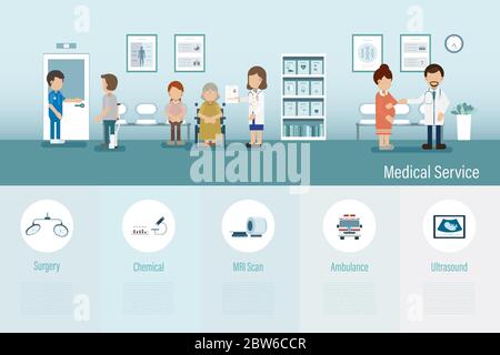 Medical service infographic with doctors and patients flat design vector illustration Stock Vector