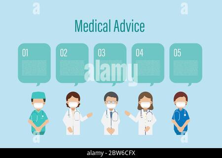 Medical advice infographic with doctors and speech bubble flat design vector illustration Stock Vector