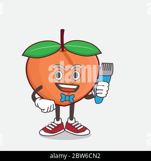 An illustration of Peach Fruit cartoon mascot character as smiling barber with hair clipper on hand Stock Vector