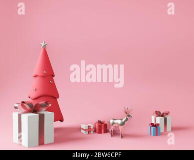 3D rendering white square gift box and metallic pink golden bow-ribbon concept  pink background ,reindeer,christmas Stock Photo