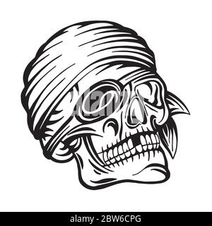 Skull. Pirate skull hand drawn vector illustration. Skull with eye patch and headband sketch drawing. Part of set. Stock Vector