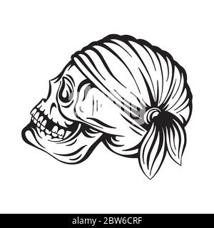 Skull. Pirate skull hand drawn vector illustration. Skull with eye patch and headband sketch drawing. Part of set. Stock Vector