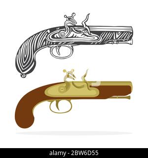 Old gun. Vintage flintlock pistol hand drawn vector illustrations collection. Engraving and cartoon style antique pistol drawings. Part of set. Stock Vector