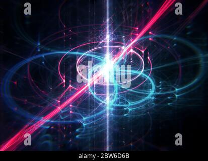 Futuristic concept of blue and red colored computer's waves, quantum computer concept, with depth of field Stock Photo