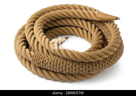 New handmade knotted rope ring with a bow pudding for a leisure boat isolated on white background Stock Photo