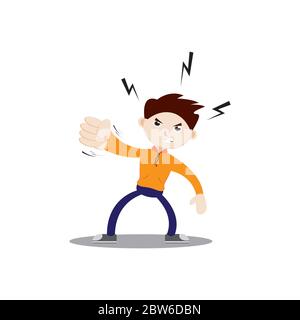 Angry-faced boy punching. Wearing an orange jacket, navy blue pants and sneakers. Flat character illustration isolated on white background. Stock Vector