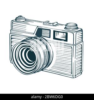 Vintage film camera. Hand drawn retro style photo camera vector illustration isolated on white. Part of set. Stock Vector