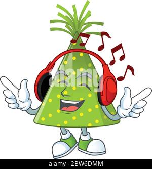 Cartoon drawing design of green party hat listening to the music with headset Stock Vector