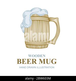 Wooden beer mug with foam hand drawn vector illustration. Craft beer vintage style logo design element. Beer mug sketch drawing. Stock Vector