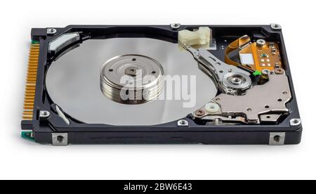 Open hard disk for laptop, side view, isolated on white background Stock Photo