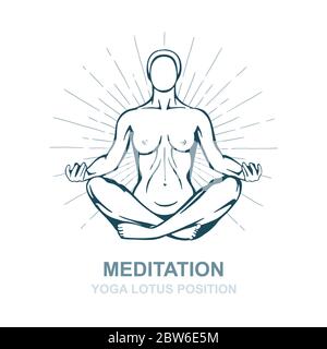 Woman in yoga pose isolated on white background. Meditation concept hand drawn vector illustration. Yoga lotus position. Stock Vector