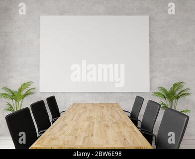 Close up empty meeting room with chairs, wooden table, concrete wall for copy space and mock up Stock Photo