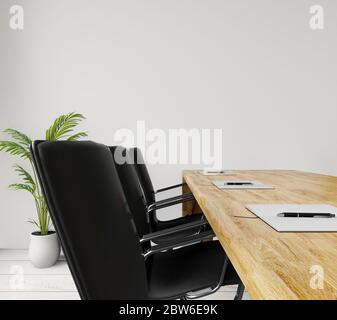 Close up side view empty meeting room with chairs, wooden table, concrete wall for copy space and mock up Stock Photo