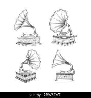 Vintage gramophone hand drawn illustrations set. Old gramophones in different views isolated on white background. Retro music concept. Stock Vector