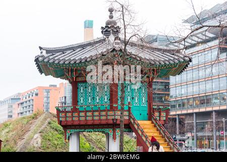 The Pavillon der Einheit (Pavilion of Unity), also called Korean pavilion in the Berlin vernacular, is a monument on Potsdamer Platz in Berlin – Mitte Stock Photo