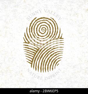 Sunny Valley logotype in fingerprint style. Sunny valley hand drawn illustration. Nature, meadows, sun and sky. Stock Vector