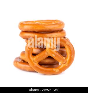 Bretzels cracker isolated on white background. Dry cracker cookies isolated. Salty snacks isolated. Stock Photo