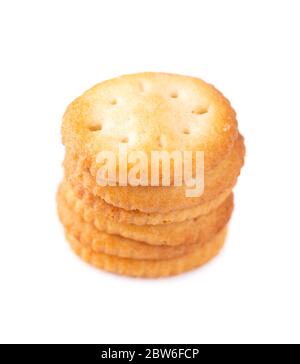 Stack round cracker isolated on white background. Dry cracker cookies isolated. Salty snacks isolated. Stock Photo