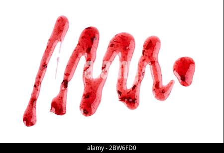 Cherry jam drizzle isolated on white background. Splashes of red berry jam. Top view. Stock Photo