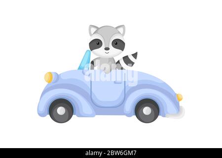 Cute raccoon driver on blue car. Graphic element for childrens book, album, scrapbook, postcard or mobile game. Flat vector illustration isolated Stock Vector