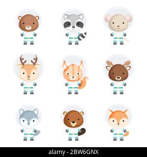 Set of cute spacemen animals. Adorable animals characters for design of album, scrapbook, card, poster, invitation Stock Vector