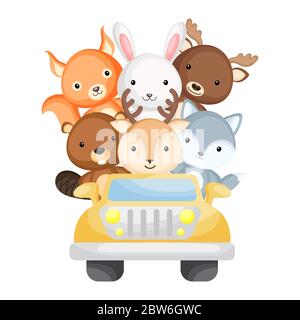 Cute deer, wolf, beaver, moose, squirrel and polar bear travel in car. Graphic element for childrens book, album, scrapbook, postcard. Zoo theme. Stock Vector