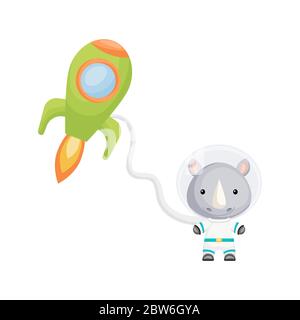 Cute little rhino astronauts flying in open space. Graphic element for childrens book, album, scrapbook, postcard, invitation. Stock Vector
