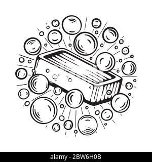 Soap. Soap and foam hand drawn vector illustration. Cleanliness and hygiene concept graphic. Stock Vector