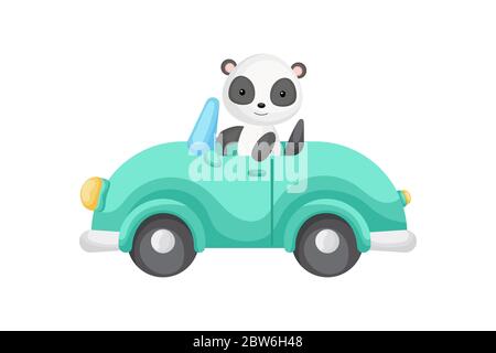 Cute panda driver on car. Graphic element for childrens book, album, scrapbook, postcard or mobile game. Flat vector illustration isolated Stock Vector