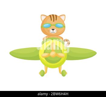 Cute cat pilot wearing aviator goggles flying an airplane. Graphic element for childrens book, album, scrapbook, postcard, mobile game. Stock Vector