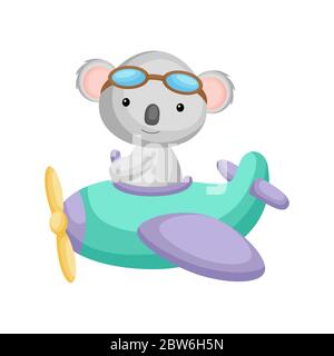 Cute koala pilot wearing aviator goggles flying an airplane. Graphic element for childrens book, album, scrapbook, postcard, mobile game. Stock Vector