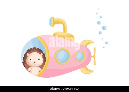 Cute cartoon hedgehog looks out of pink submarine window. Design of t-shirt, album, card, invitation. Flat vector illustration isolated Stock Vector