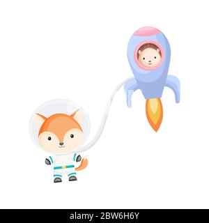 Cute hedgehog and fox astronauts flying in rocket and open space. Graphic element for childrens book, album, postcard, invitation. Stock Vector