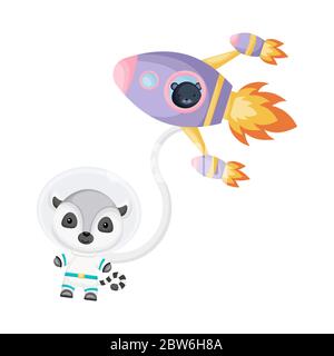 Cute panther and lemur astronauts flying in rocket and open space. Graphic element for childrens book, album, postcard, invitation. Stock Vector