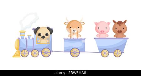 Cute dog, yak, pig and horse ride on train. Graphic element for childrens book, album, scrapbook, postcard or mobile game. Zoo theme. Stock Vector