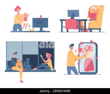 People spend time together at home vector flat cartoon illustration. Man and women chatting and talking on video call with computers and smartphones. Online meeting or dating during self isolation. Stock Vector