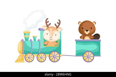 Cute deer and beaver ride on train. Graphic element for childrens book, album, scrapbook, postcard or mobile game. Zoo theme. Flat vector illustration Stock Vector