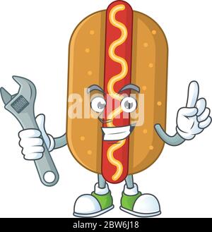 A smart mechanic hotdog cartoon mascot design fix a broken machine Stock Vector