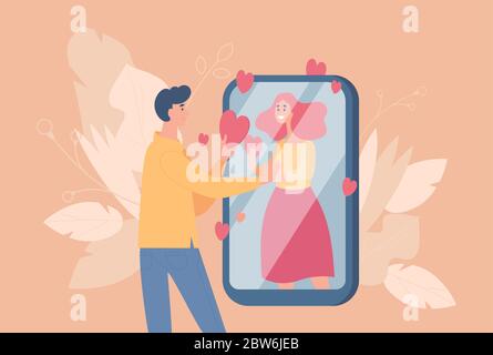 Online dating and distant relationship vector flat cartoon illustration. Young romantic couple in love talking throw social network. Cute boy and girl having conversations on smartphone. Stock Vector