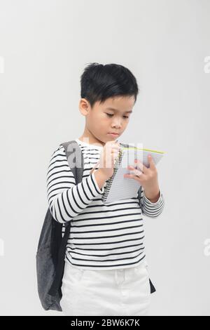 Young asian school boy writing in notepad with backpack on white background Stock Photo