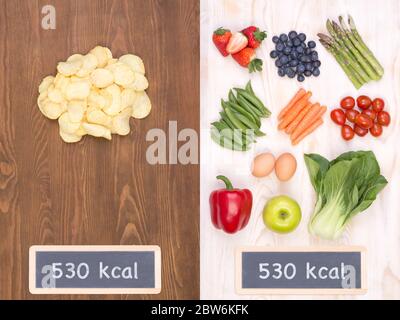 Healthy vs unhealthy food concept, making good choices on a diet Stock Photo