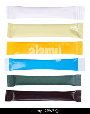 Paper sugar sachets isolated on white background Stock Photo