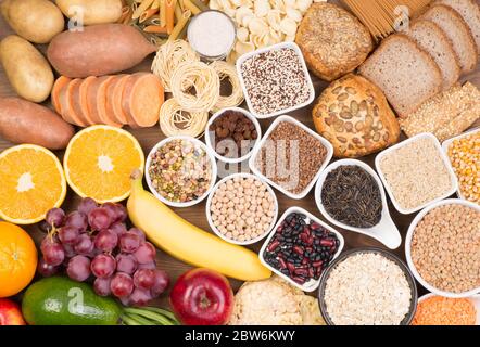 Carbohydrates food sources, top view on a table Stock Photo