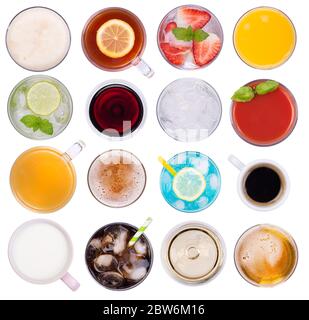 Drinks variety, top view, isolated on white background Stock Photo