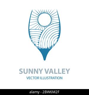 Sunny Valley in wine glass.  Wine logo concept. Sunny Valley vector illustration. Nature, meadows, sun and sky in wine glass. Stock Vector