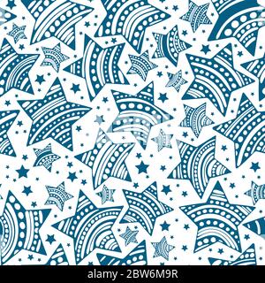 Stars seamless background. Hand drawn different stars endless pattern. Doodle stars vector seamless texture. Part of set. Stock Vector