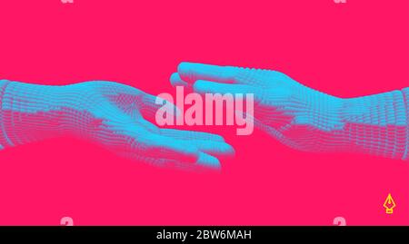 Hands reaching towards each other. Concept of human relation, togetherness or  partnership. Connection structure. 3D vector illustration. Stock Vector