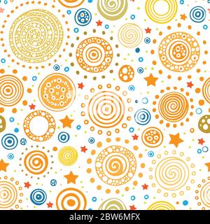 Sun. Hand drawn sun vector seamless pattern. Abstract sun, planets and stars sketch drawing endless background. Part of set. Stock Vector