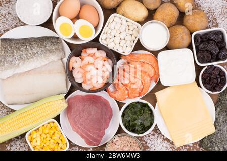 Food rich in iodine. Various natural sources of vitamins and micronutrients Stock Photo